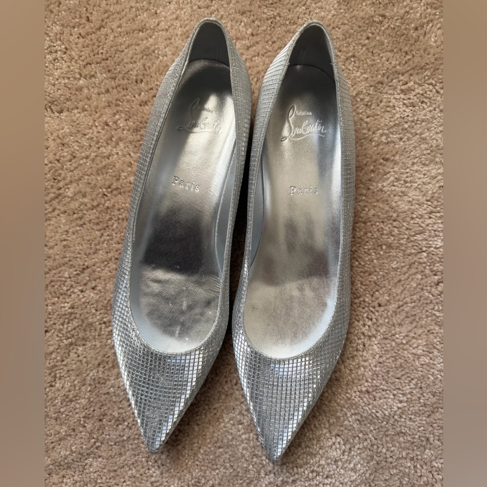 Christian Louboutin Ballalla Silver Lizard-Embossed Pointed Flats - Size 41